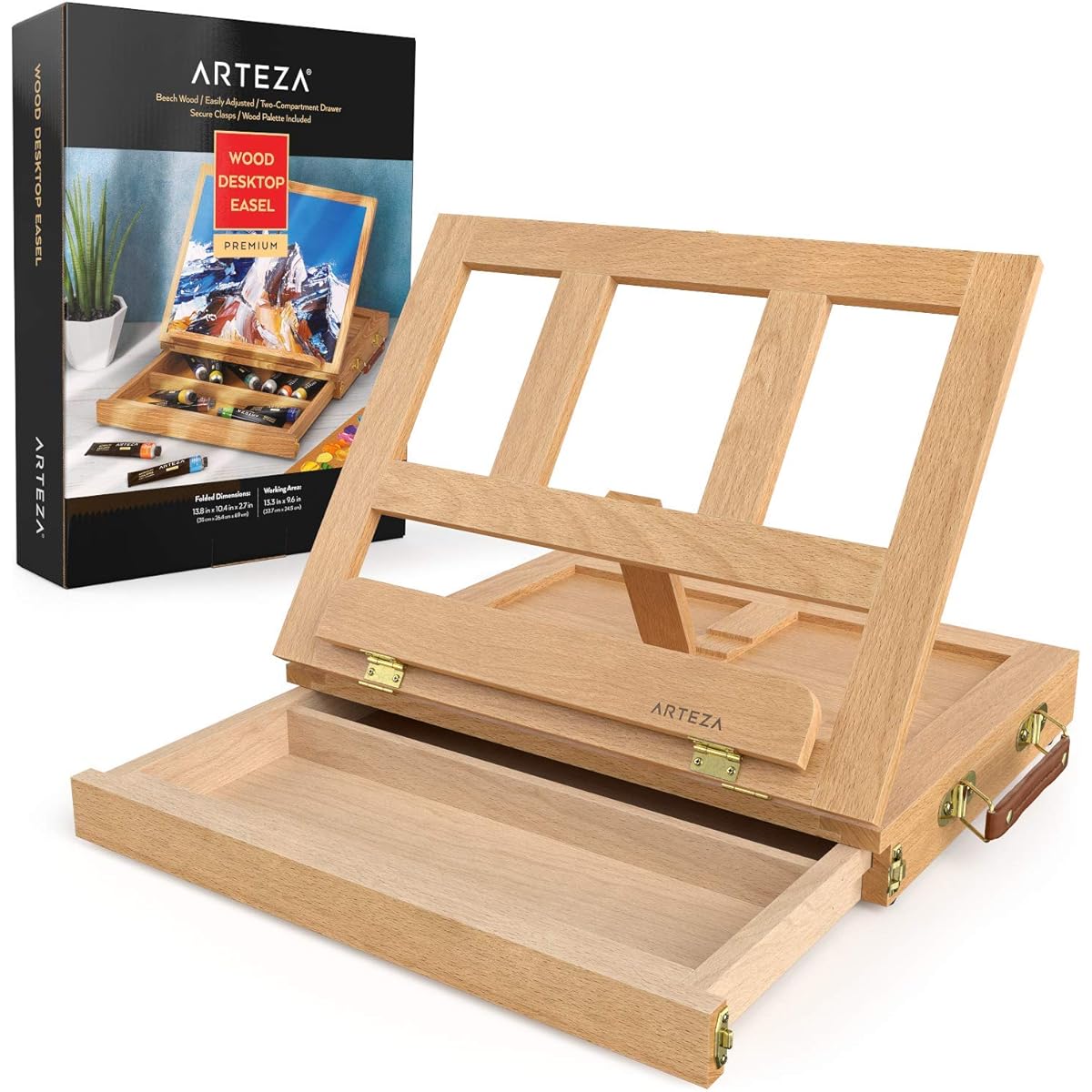 Arteza Tabletop Easel 13.38 x 10.25 x 2 Inch Portable Beech Wood Easel Box with 2 Compartment Drawers and Wooden Palette for Art Supplies Storage for Professional Artists and Hobby Painters