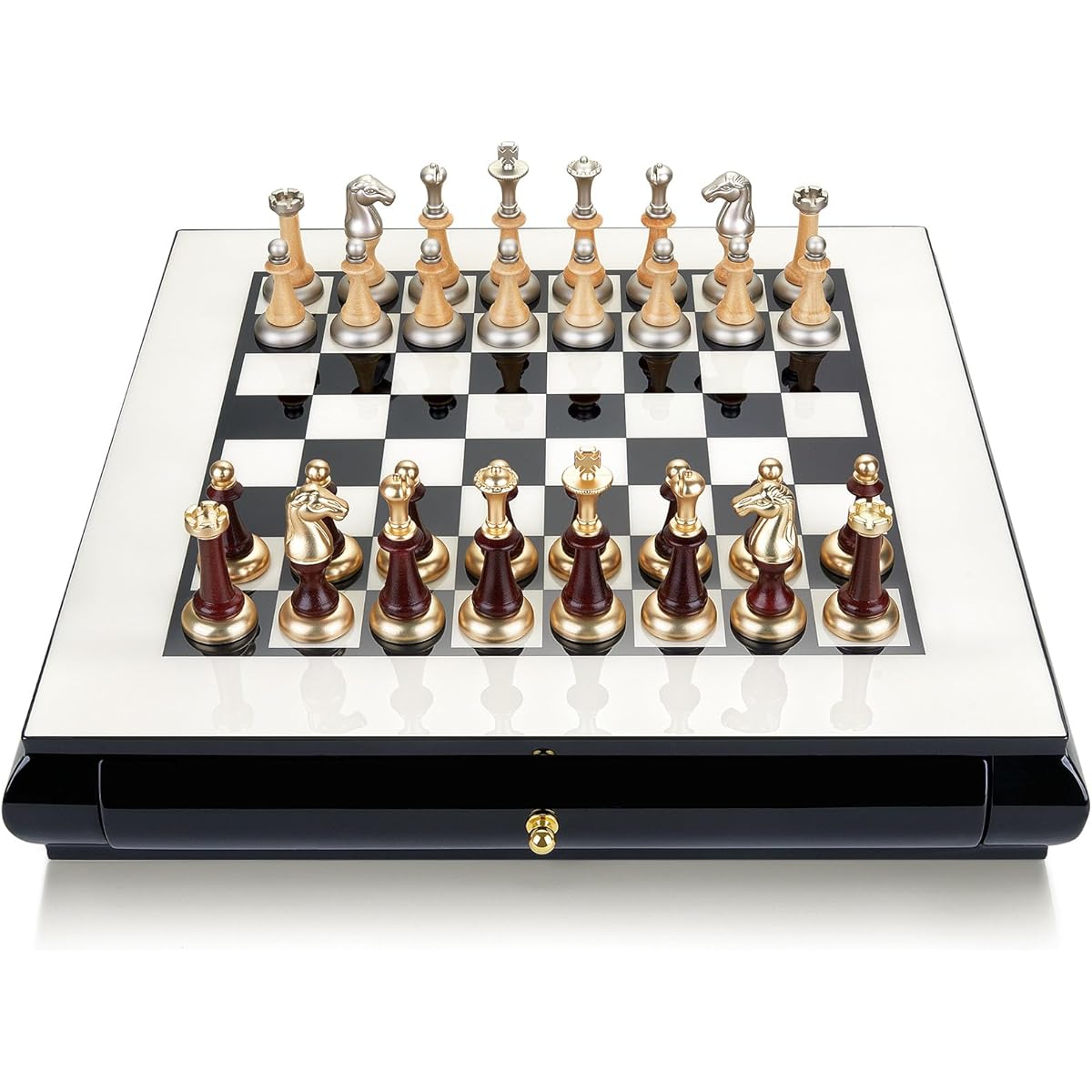 AMEROUS 15.7" Wooden Chess Set, Large Board with 2 Storage Drawers, 2 Extra Queens, Metallic & Wooden Chess Pieces, Gift Package, Board Game Chess Set for Adults and Kids