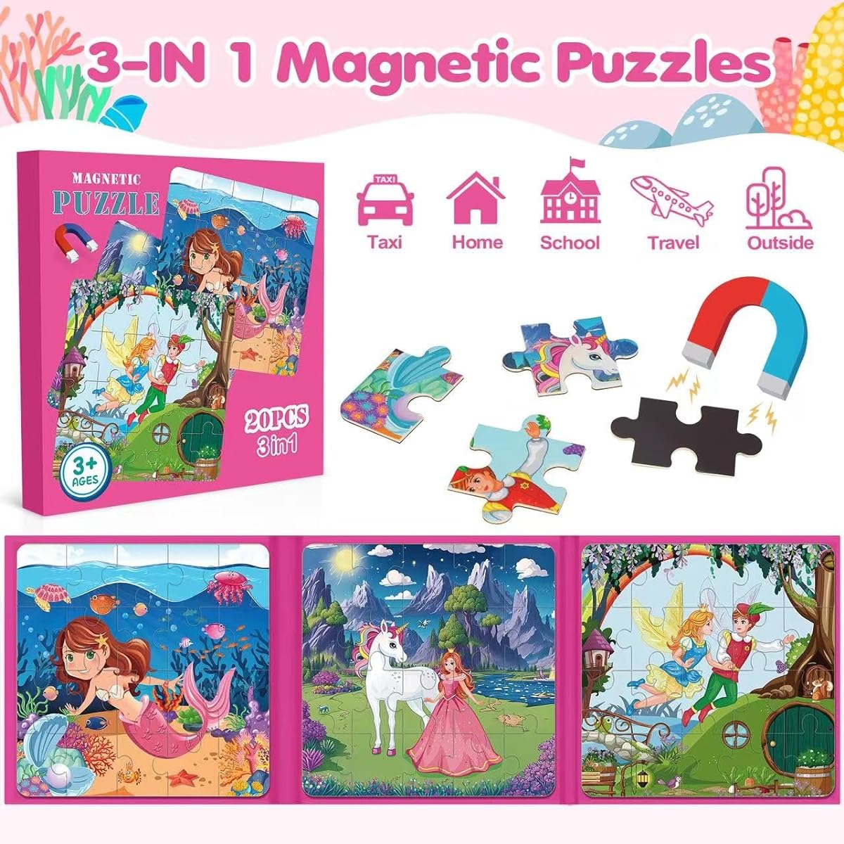 Magnetic Jigsaw Puzzles for Kids Ages 3-5 3-5 Years Old 3-20 Pieces Portable Puzzle Toys Princess Unicorn Mermaid Gifts for Girls - Travel Toys and Games for Kids, Kids in Cars and Planes