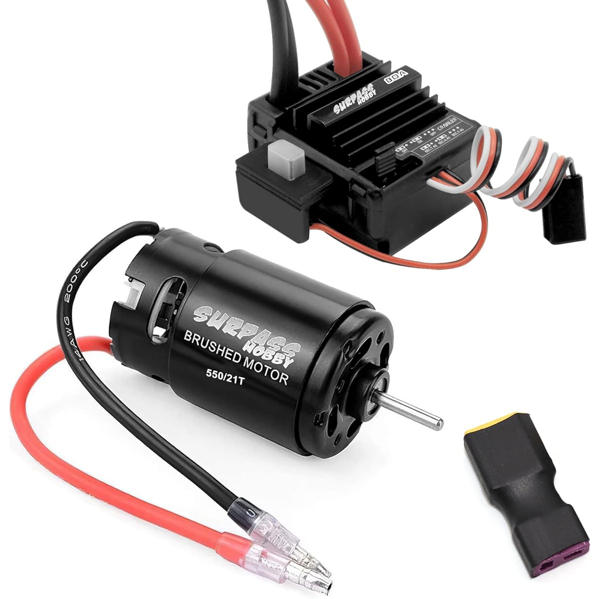 OGRC 550 21T Brushed Motor and 80A ESC Set with T-XT60 Converter Adapter for 1/10 RC Crawler Car Traxxas Trx4 Ford Bronco Trx6 Axial SCX10 II III Redcat Gen7 Gen8 V2 RC4WD D90 (T Plug)
