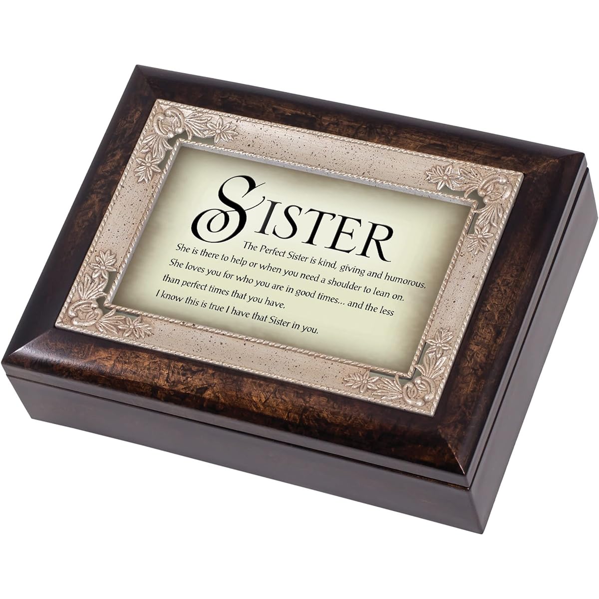The Perfect Sister Dark Wood Finish Jewellery Music Box Plays Tune Amazing Grace