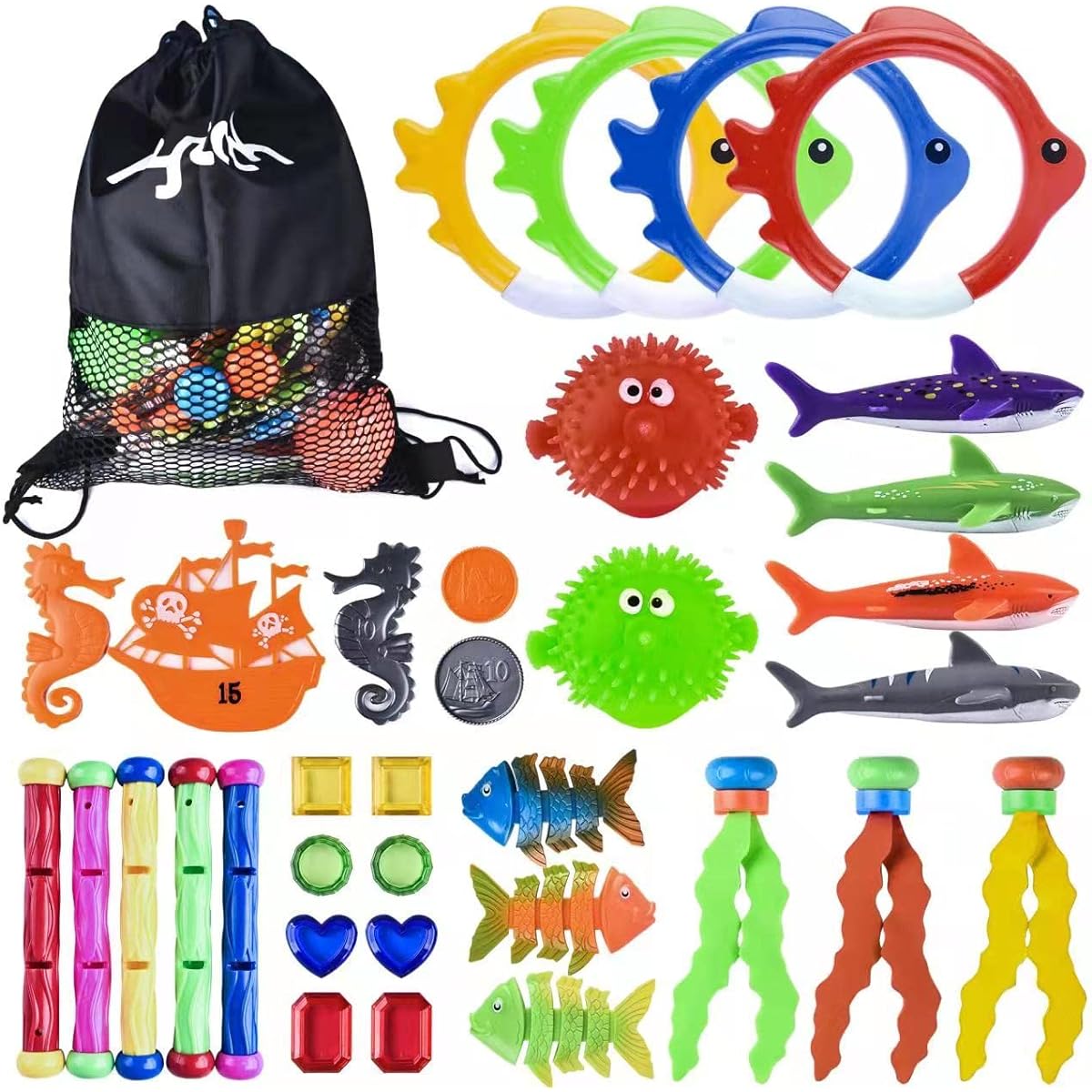 heytech 29-piece set Diving Toy Pool Toy Underwater Swimming Toy Diving Torpedo/Diving Ring/Diving Jewelry/Diving Stick/Diving Fish/Blowfish + Underwater Treasures Kids Gift Set