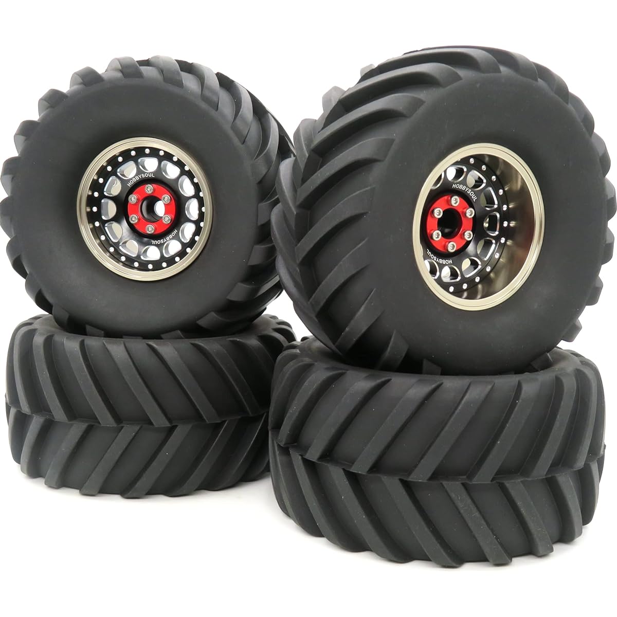 HOBBYSOUL Adjustable 4 Offset 2.2 Beadlock Wheels and Tires Champagne 2.2 Rims and Tires 5.12" / 130mm Height for RC Mud Crawler Trail Tractor Axial Capra Race (Pack of 4, Pre-assembled)