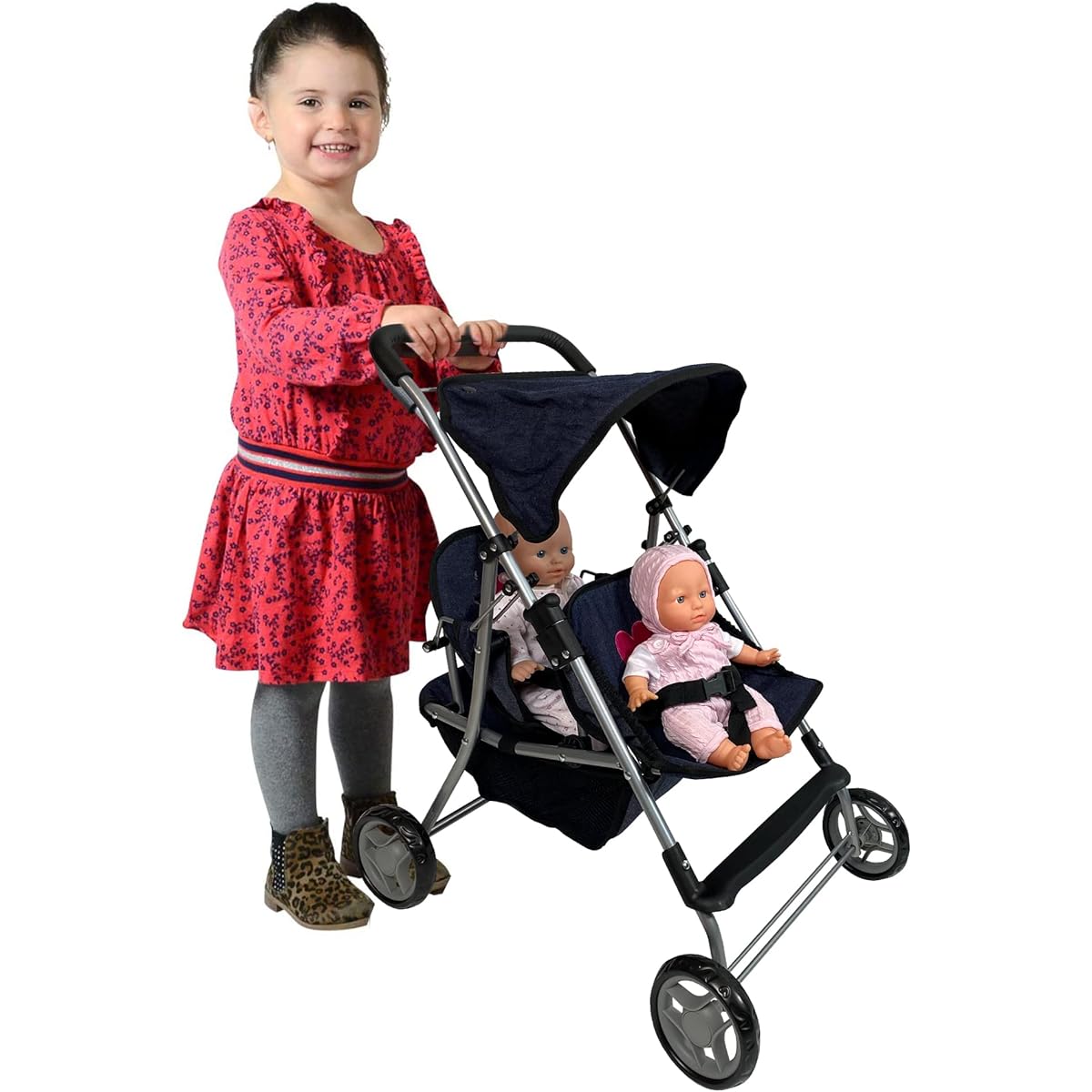 The New York Doll Collection First Doll Twin Stroller - Cute Heart Design Baby Doll Stroller - Best Toy Gift for Toddlers and Girls (Denim)