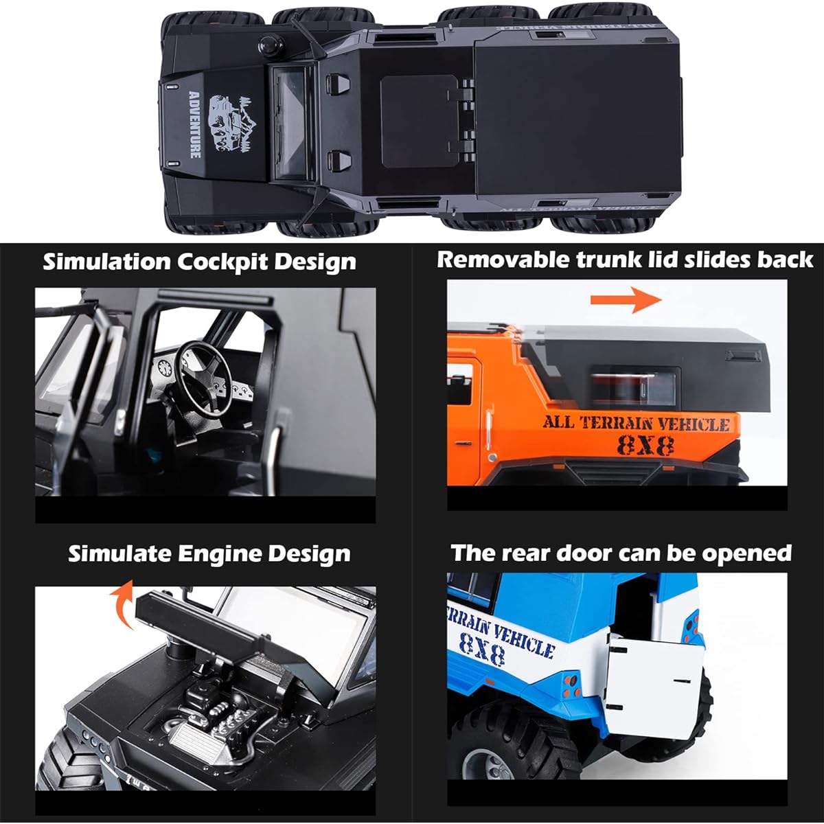 FESVASDEE Truck Toy 8x8 Off-Road Refit Model Adventure SUV Car 1/24 Scale Monster Truck Pickup Diecast Metal Model Car with Sound and Light for Ages 3+ Black