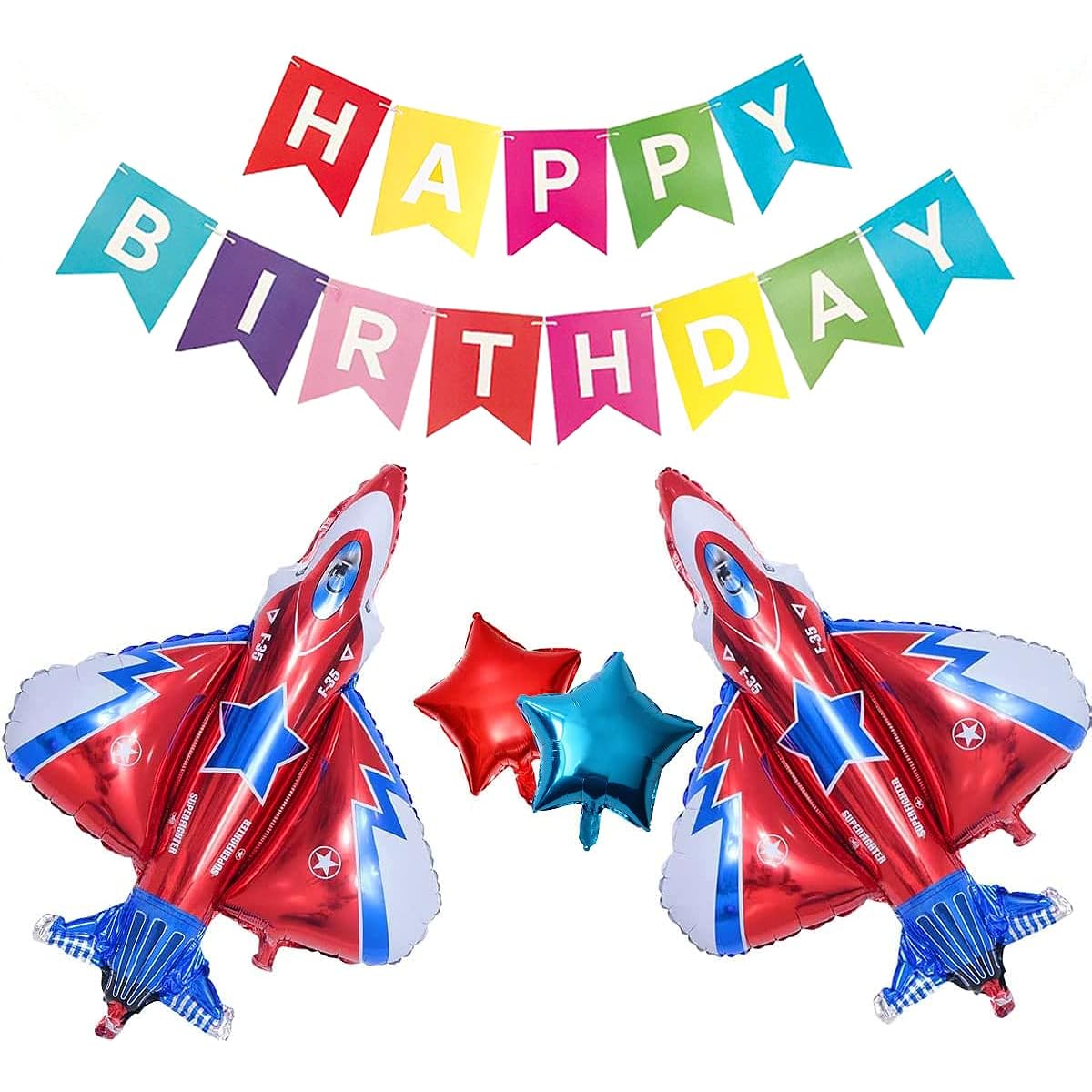 TUEPULL 42" Fighter Plane Balloon Cartoon Flying Party Colorful Happy Birthday Banner Star Foil Balloon Decoration Airplane Kids Toy