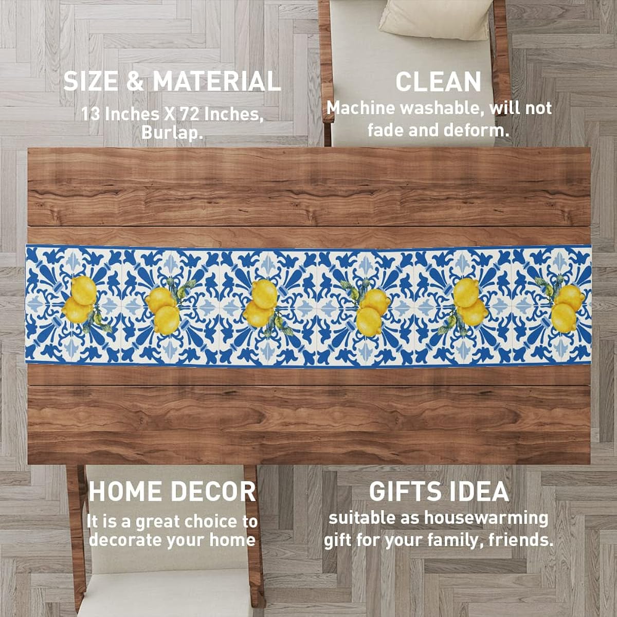 Italian Blue Tile Runner Decorative Italian Lemon Summer Table Runner Decorations Dining Room Kitchen Dresser Decor Party Holiday Housewarming Gifts for Women/Couples/Housewarming Gifts/13x72 Inch