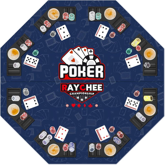 RayChee 48" Foldable 8 Person Poker Table Top Wooden Texas Poker Table Topper Portable Non-Slip Poker Cards Tabletop Layout Chip Tray Cup Holder with Carry Bag for Family Games Casino (Blue)