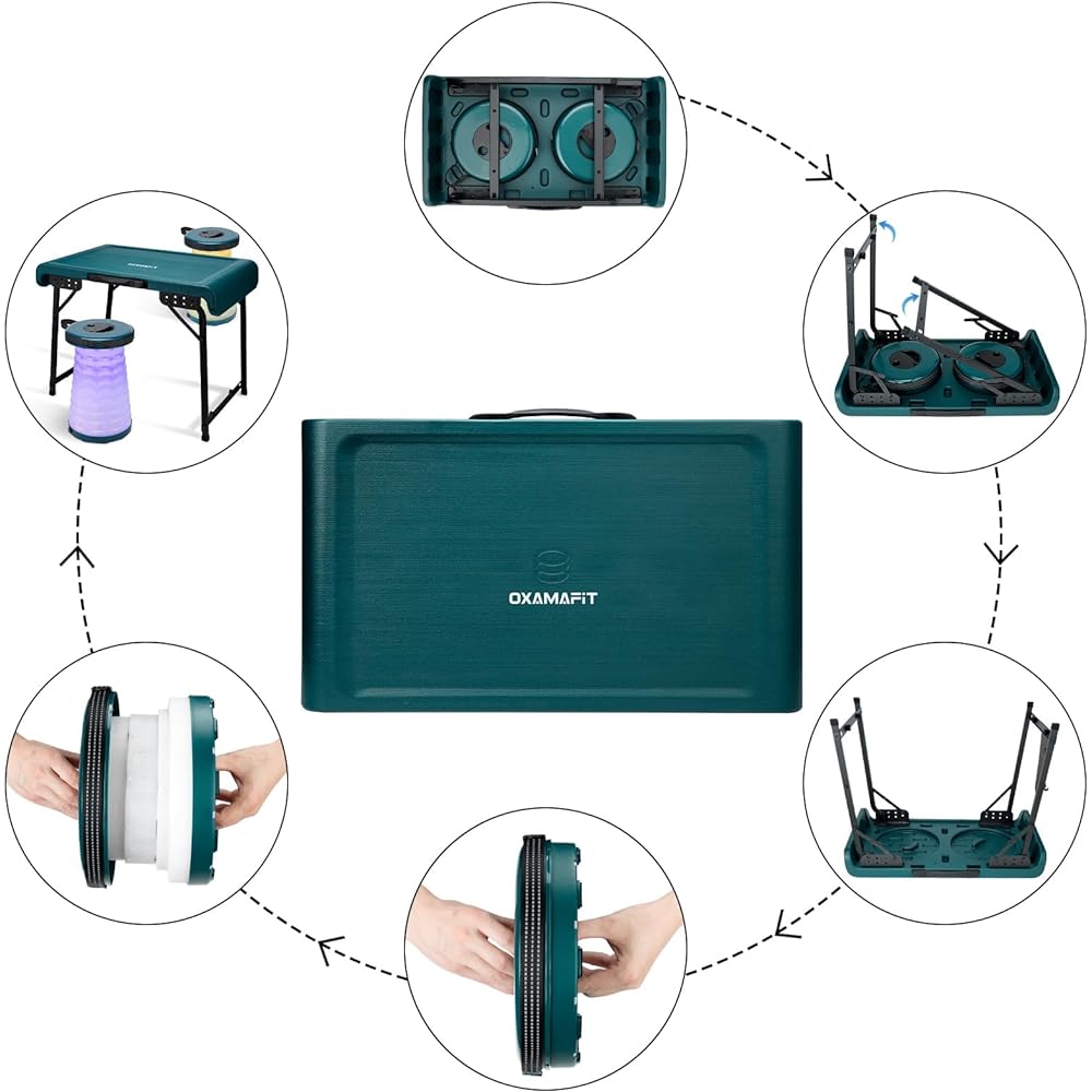 OXAMAFIT Folding outdoor portable folding table comes with 2 telescopic stools, the stools have 3 light modes and the height is adjustable. The table has a load capacity of 30 kg, which is convenient for camping and outdoor activities.