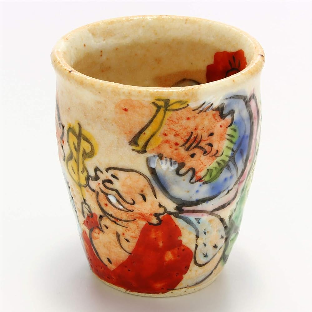 Mino ware Wada hitori sake cup Ochoco Seven Lucky Gods in wooden box 105-0028
