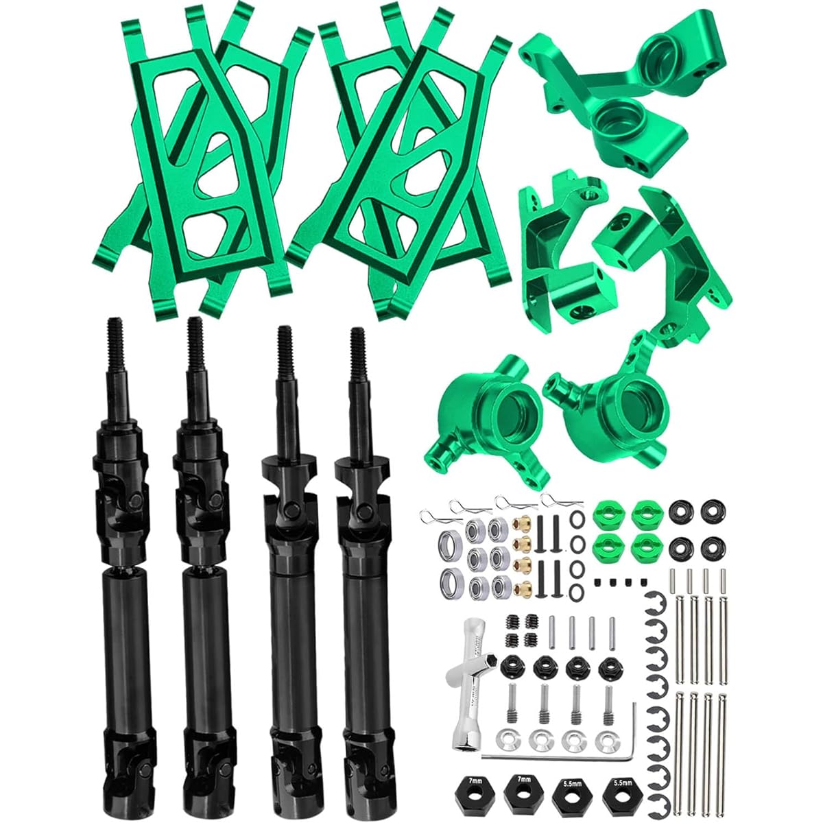 HopsupRC Upgrade Parts for 1/10 Rustler/Thrash/Stamped/Hoth 4x4 VXL 4WD 45# Steel Drive Shaft CVD Aluminum Suspension Arm Caster Block Steering Block Rear Stub Axle Carrier Wheel Hex Green