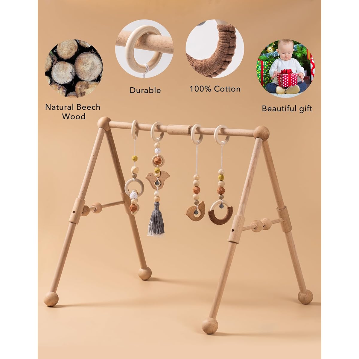 ROBUD Baby Play Gym: Essential Wooden Baby Gym with 4 Toys - Frame Activity Gym, Hanging Bar, Toddler Toys for Newborns