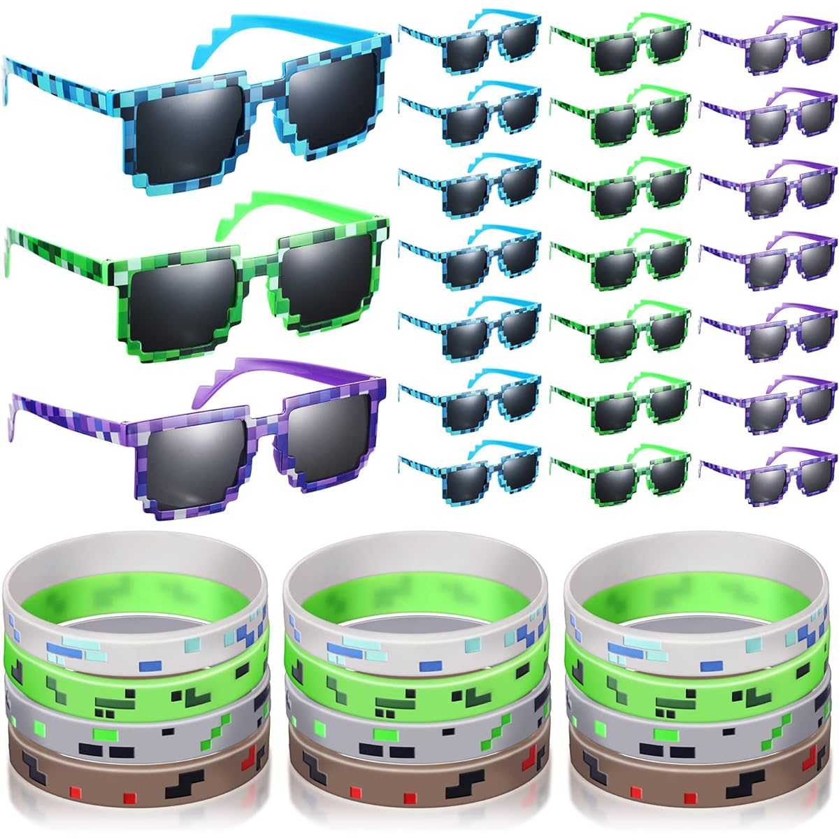 Wettarn Gamer Party Favors 48 Pieces 24 Pixel Gamer Sunglasses Pixel Glasses 24 Pixel Themed Bracelets Pixelated Minor Style Silicone Bracelets for Kids/Adults Birthday Game Party Supplies