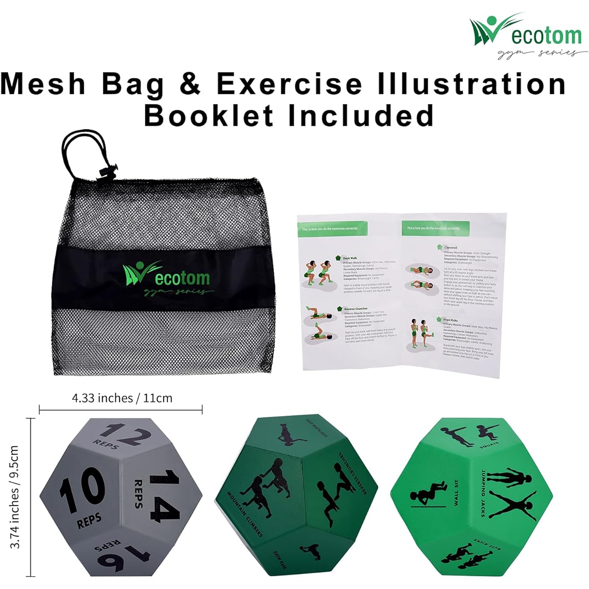 ecotom Exercise Dice for Home Workouts, Fitness Dice with Unique Exercises and Instructions, 3 Pack for Gym/CrossFit WOD/Bodyweight HIIT/Cardio/Sports Training