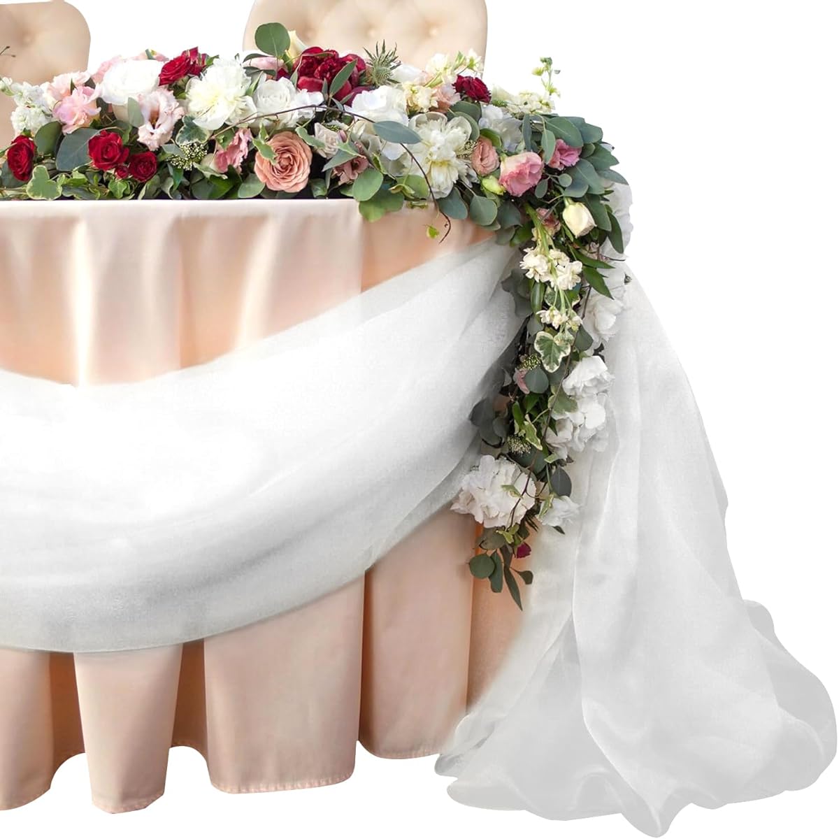 BIT.FLY Sheer Scarf Organza Table Swag for Wedding Decoration Birthday Party Home Table Runner 394 x 53 Inch Table Skirt Stair Bow Valance Backdrop Curtain Decoration White 1 Pack