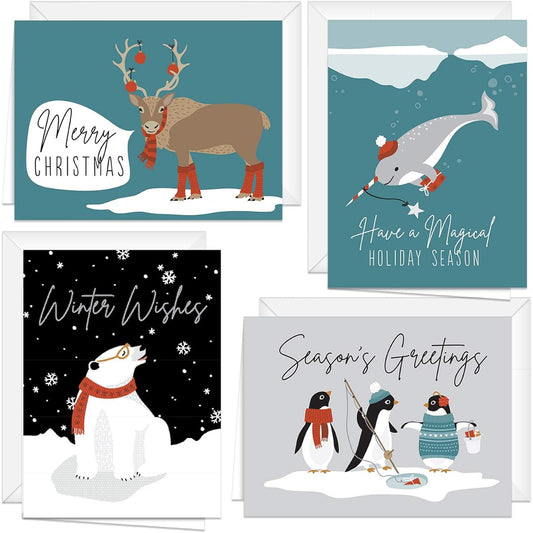 Arctic Animals Holiday Card Pack/24 Cards and White Envelopes/6 1/4" x 4 5/8" Adorable Arctic Animals Christmas Notecards