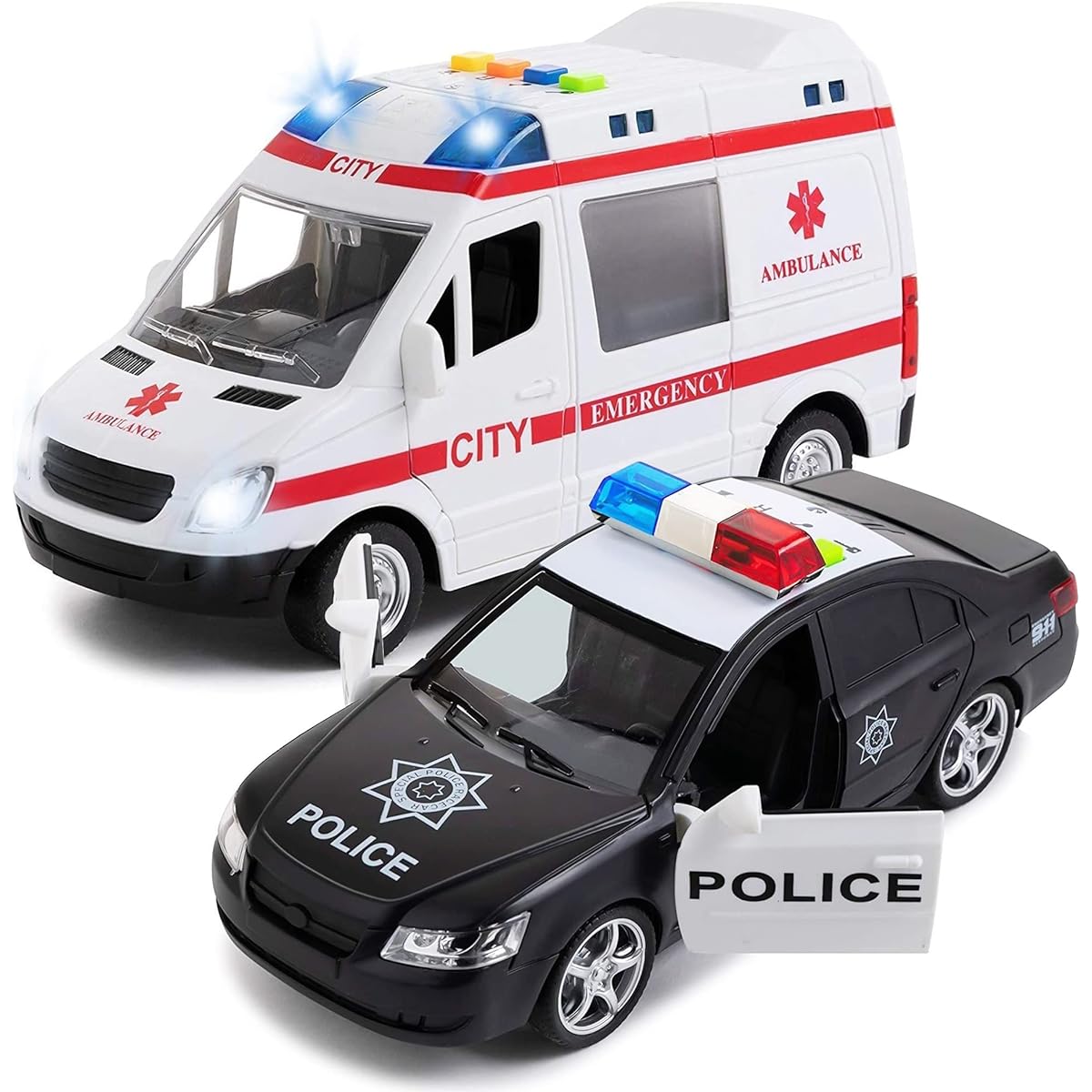 Police and Ambulance Fun Toy Set for Boys and Girls with Friction Power, Lights and Sirens