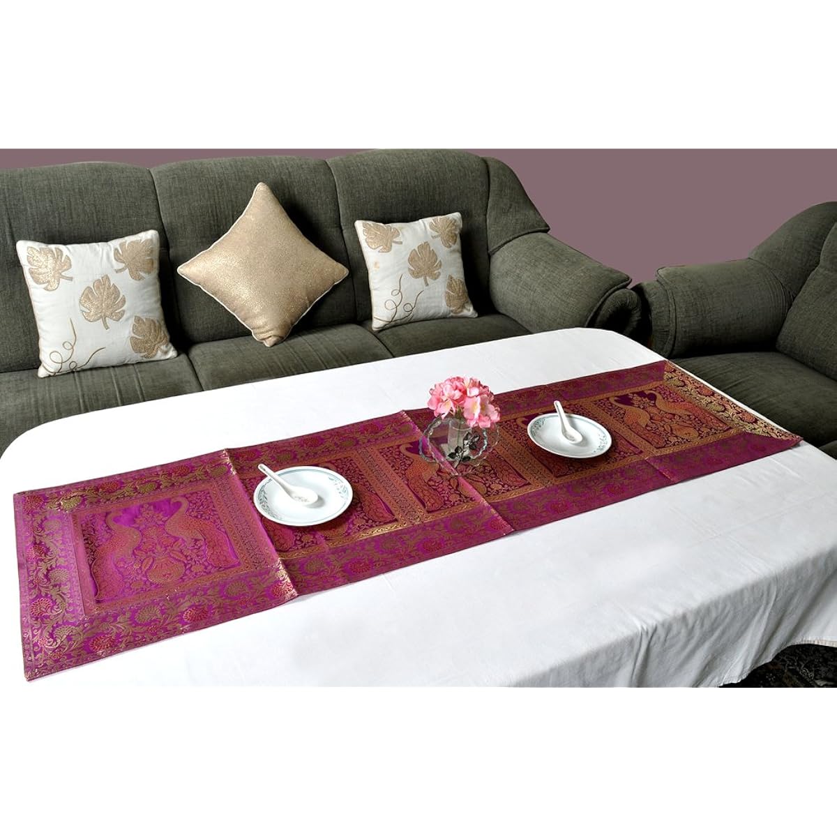 Lalhaveli Indian Hand Art Peacock Design Pink Silk Table Runner Table Cloth 152 x 41 Cm