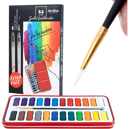 ARTIBOX Beginner Watercolor Paint Set, 24 Vibrant Assorted Colors in a Metal Box, Professional Watercolor Set with 2 Brushes and 1 Detail Paint Brush, Perfect for Beginners and Students