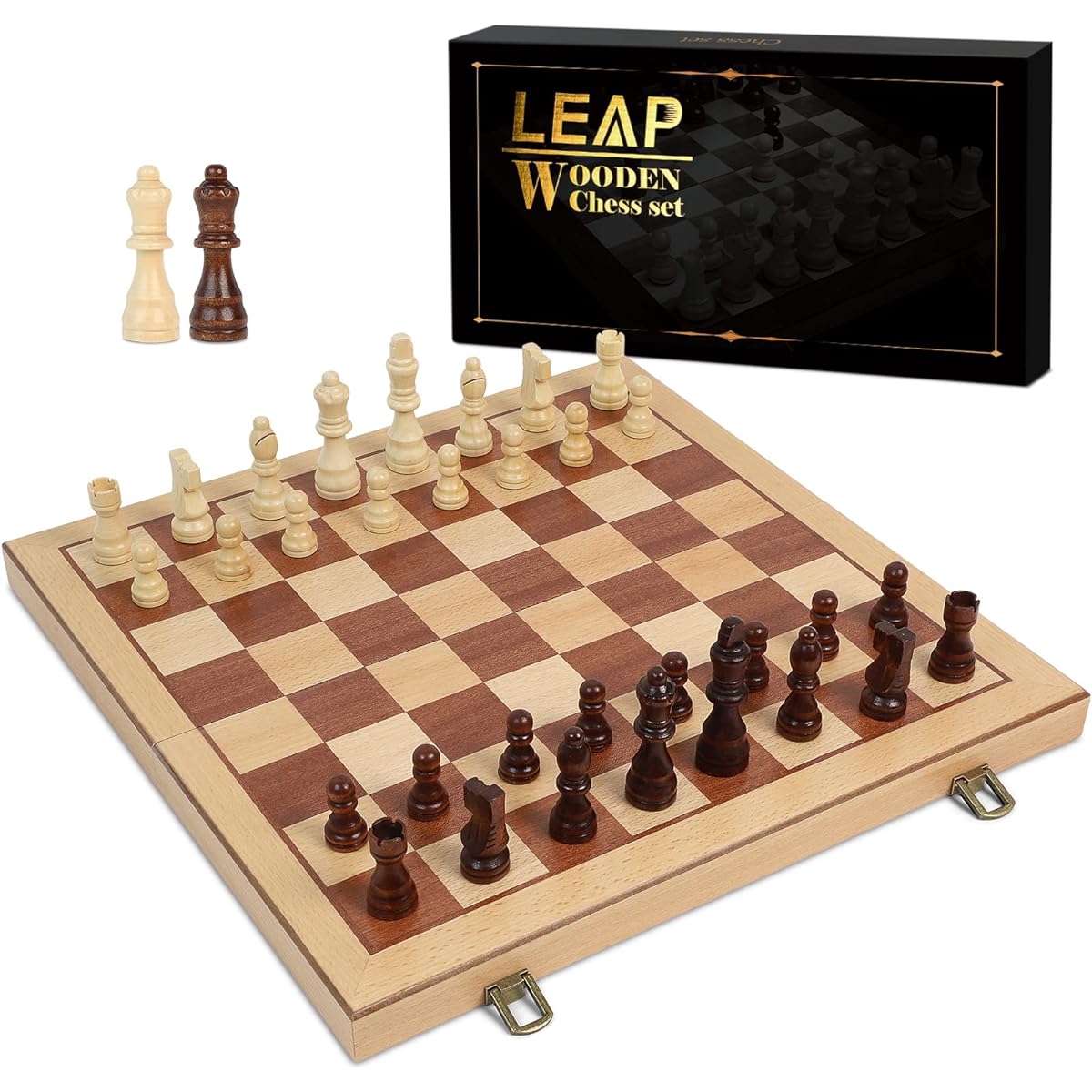 LEAP 15" Wooden Folding Chess/3" King Height Chess Pieces, Portable Travel Chess Board Folding Board - Beech & Maple Inlay
