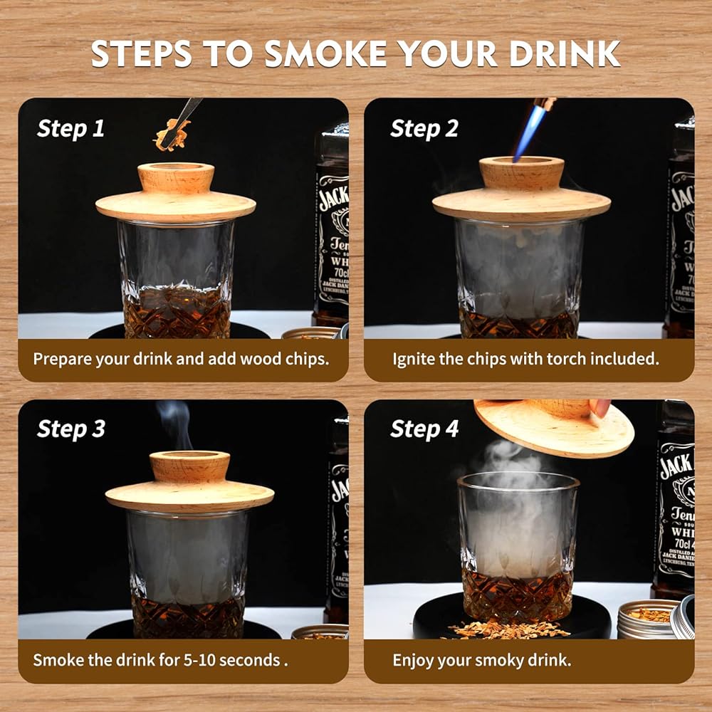Whiskey Smoker Kit with Torch, Old Fashioned Cocktail Kit with Cocktail Smoker and 4 Drink Smoker Flavors, Great Whiskey Gift for Men and Bourbon Lovers (No Fuel) (BF-01)