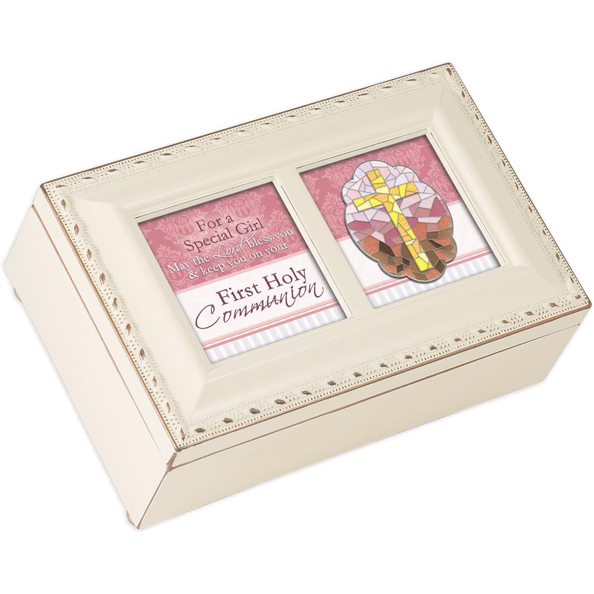 First Communion Special Girl Small Ivory with Gold Trim Jewelry Music Box Plays Ave Maria