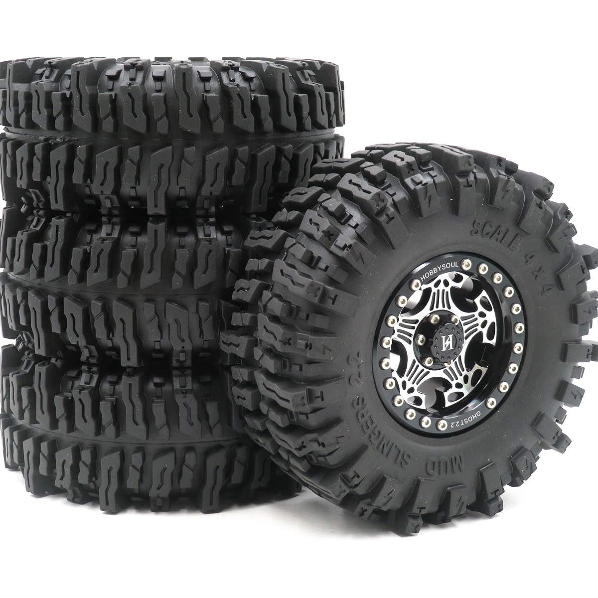 Hobbysoul RC 2.2 Mud Slinger Crawler Tires Super Grip Tires 124mm Height & Aluminum 2.2 Beadlock Wheel Rims Silver Black 4pcs