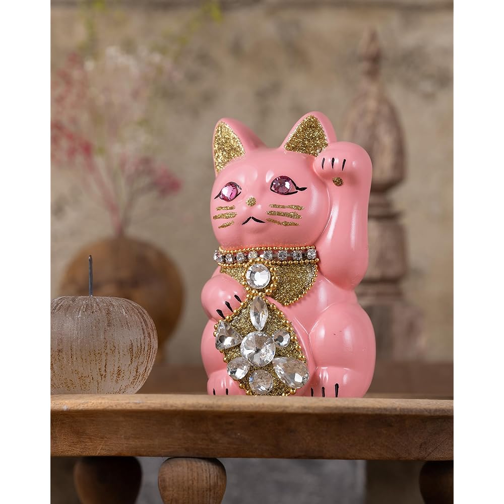 Lucky Cat Jewelry Cat (S-SIZE Pink) Left Hand Raised/Pottery_Lucky Cat Lucky Cat Maneki Cat Lucky Feng Shui Ornament Offerory Box (jw_S Peach