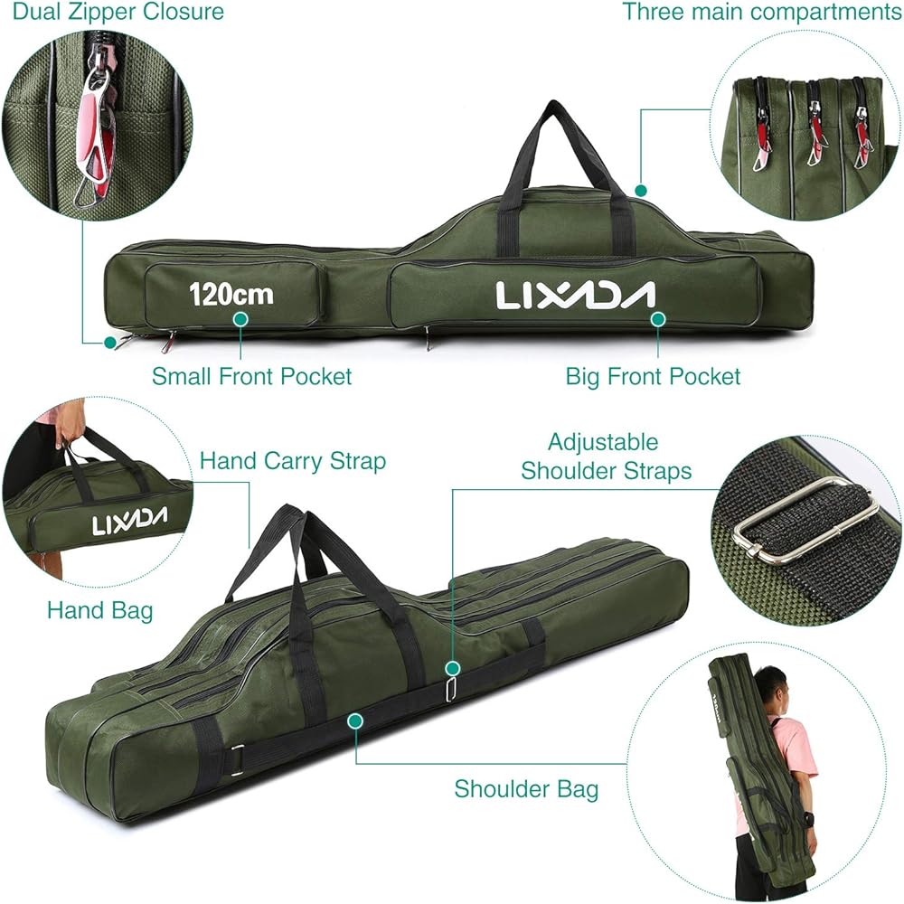 RUSUO Fishing Rod Case, 3 Layer Fishing Rod Bag Portable Folding Rod Carry Case Fishing Reel Tackle Storage Bag Case