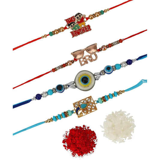 ALOUD CREATIONS Stylish Rakhi Combo | Roli Chawal and Raksha Bandhan Greeting Cards for Men | Set of 4, Alloy Steel, Simulated Diamonds, Pack of 4, Alloy Steel, Simulated Diamonds