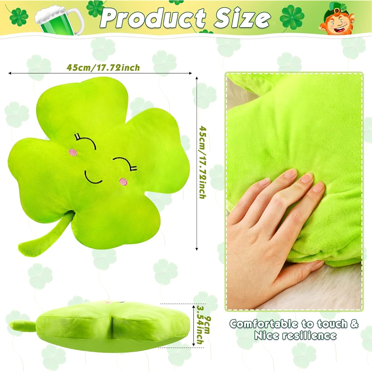 Plush Soft Four Leaf Clover Stuffed Animal 18 Inch Cuddly Cute Sofa Chair Decor Large Decorative Body Pillow Sofa Cushion Pillow for Friends Birthday Party Car Office Bedroom Decor