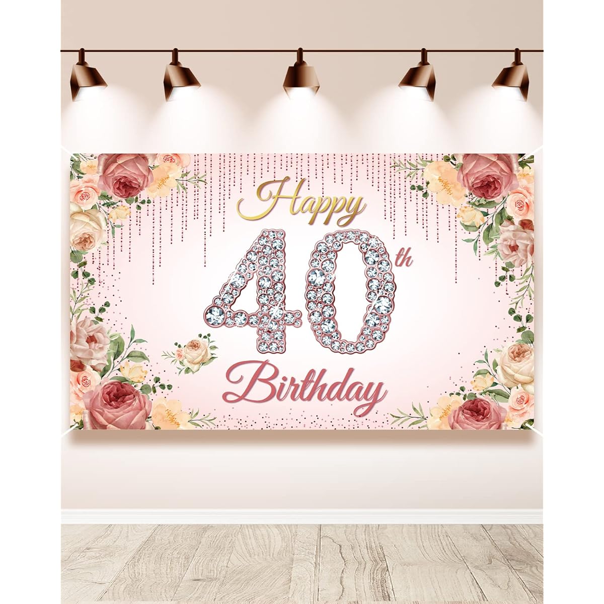 HTDZZI 40th Birthday Decorations for Women Happy 40th Birthday Backdrop Banner Rose Gold 40th Birthday Photo Booth Props Pink Floral 40th Birthday Party Yard Sign Poster Supplies 6ft x 3ft