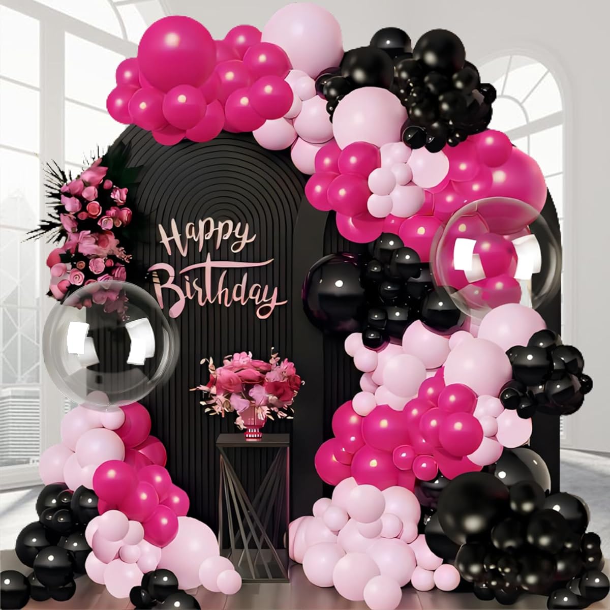 INFLORAL Hot Pink Balloon Garland Arch Kit, 160pcs Rose Red Black Pink Balloons Set Latex Balloons Birthday Balloons for Party Decorations