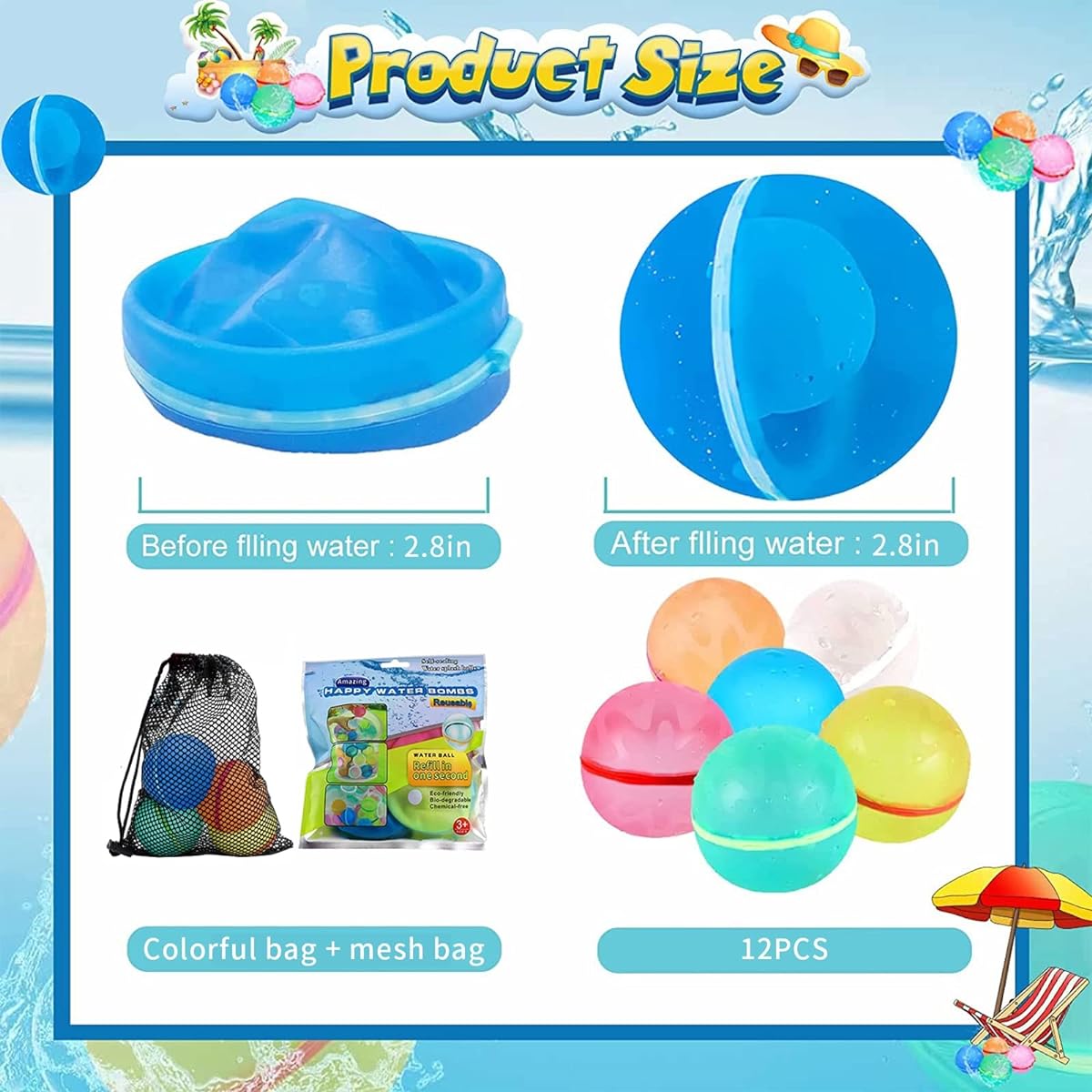 Reusable Water Balloons for Kids - Water Balls Self Seal Quick Fill Soft Silicone Refillable Magnetic Water Bombs Splash Summer Fun for Kids Outdoor Water Toys for Backyard (12pcs)