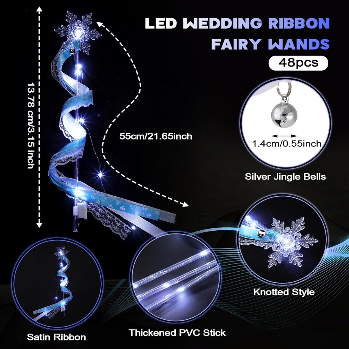 Wedding Wands Ribbon Streamers with Bells LED Fairy Light Up Silk Fairy Wands Glow in the Dark Flashing Lace Sticks for Wedding Birthday Party Favors (Blue Snowflake & Cool White LED, 48pcs)