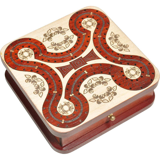 PALM ROYAL HANDICRAFTS 2 Track Wooden Cribbage Board - 2 Player Cribbage (60 Houses) - Alphabet X Track Cribbage Board - 2 Decks of Cards and Pegs (5.5 x 5.5 Inch Small)