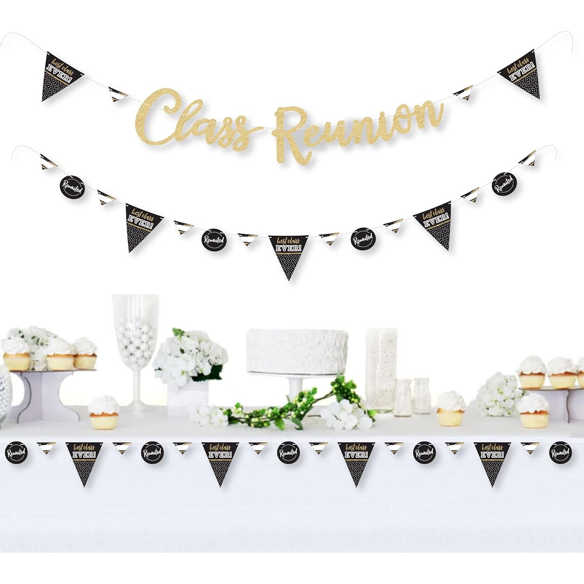 Reunion Happiness Big Dots - School Class Reunion Party Letter Banner Decorations - 36 Banner Cutouts and No Trace Real Gold Glitter Class Reunion Banner Letters