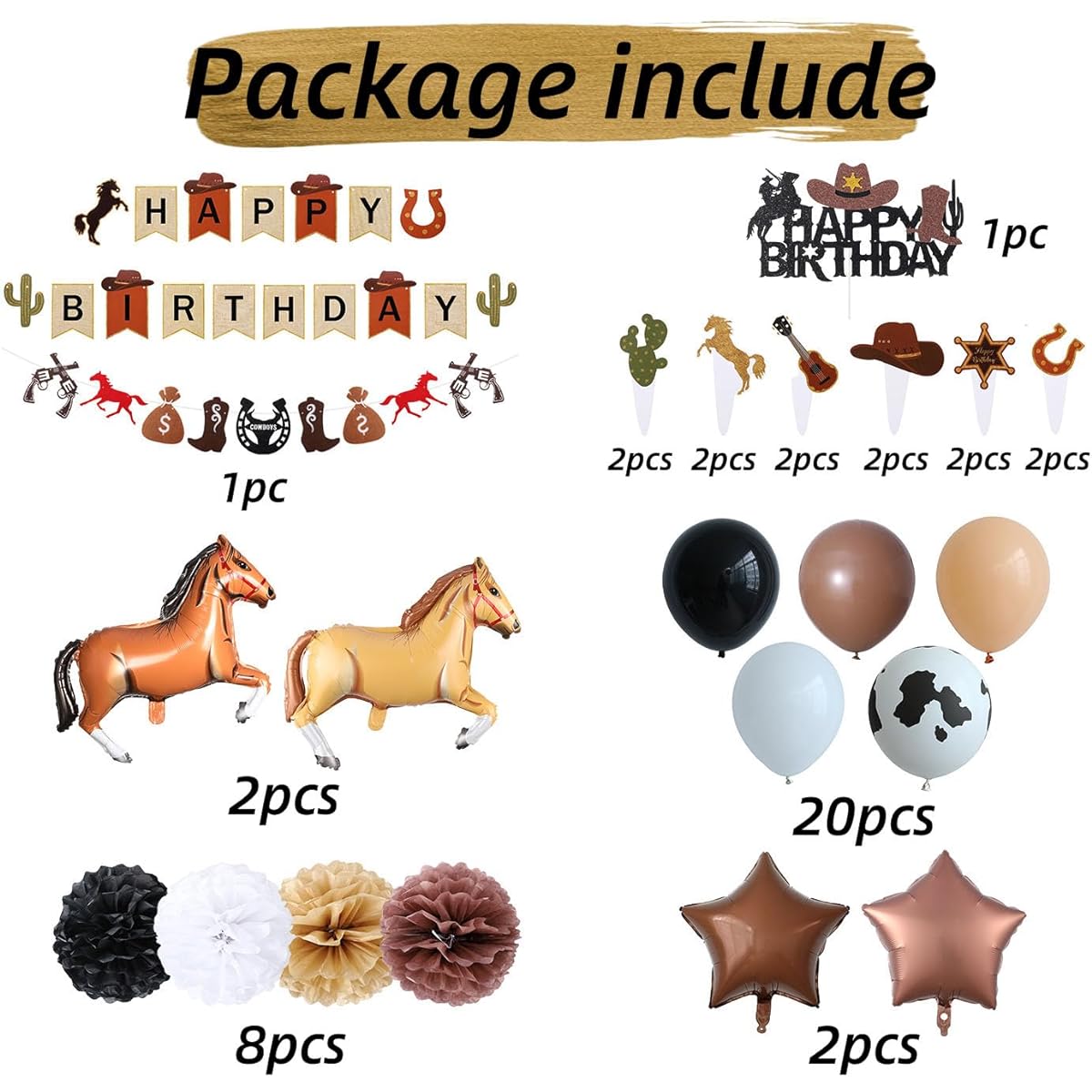 Western Cowboy Party Decorations 48 Pieces Horse Racing Decorations Felt Paper Flowers Happy Birthday Banner Horse Cake Cupcake Toppers Horse Foil Balloons Latex Balloons for Derby Day Festival Farm Cow Wild Party Birthday