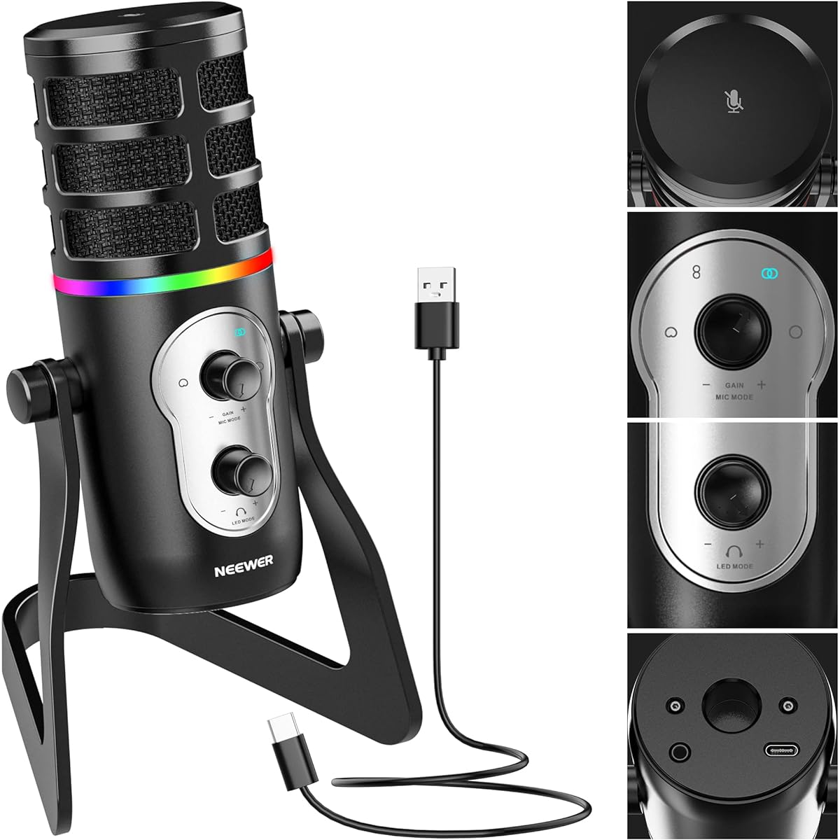 NEEWER USB Gaming Microphone with RGB Light Effect, 4 Pickup Patterns, Monitor Headphone Jack, One-Click Mute/Gain, Plug & Play Cardioid Condenser Mic for PC Mac PS4 PS5 Streaming Twitch CM27