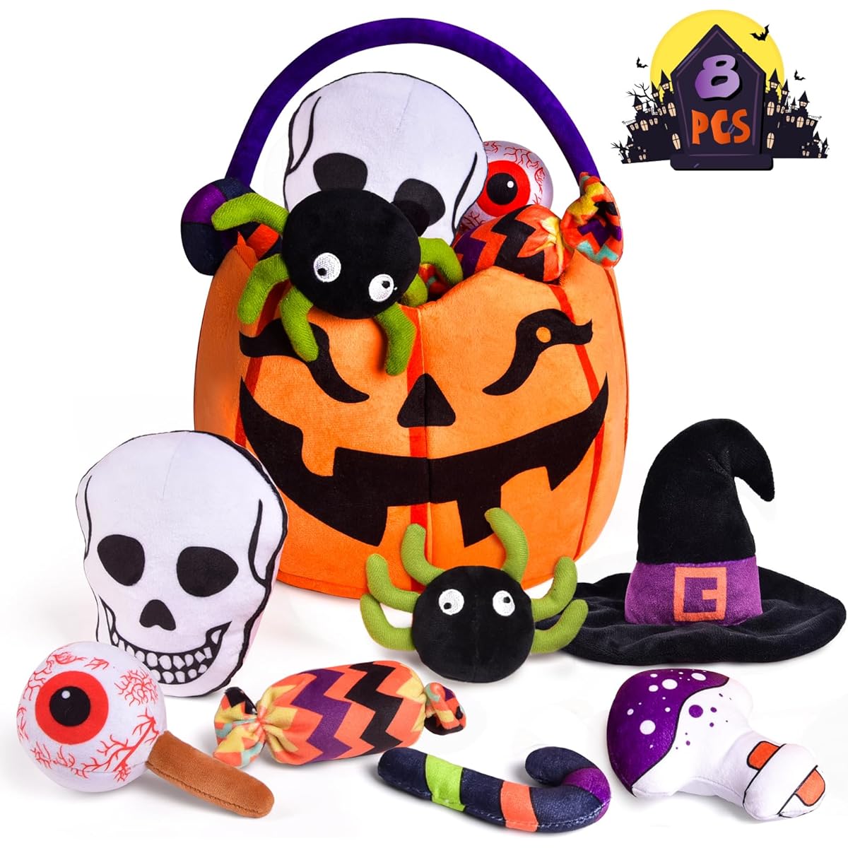 FUN LITTLE TOYS 8 Halloween Plush Pumpkin Baskets with Stuffed Animals