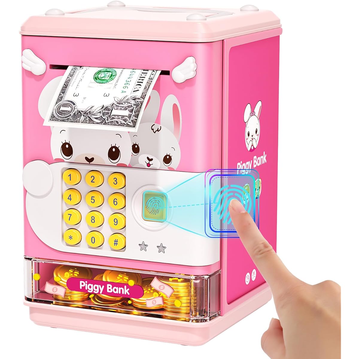 AIQI Piggy Bank Toy Electronic Mini ATM Saving Machine with Personal Password & Fingerprint Unlock Simulation - Music Box for Kids, Boys and Girls Ages 3-8 (Pink)