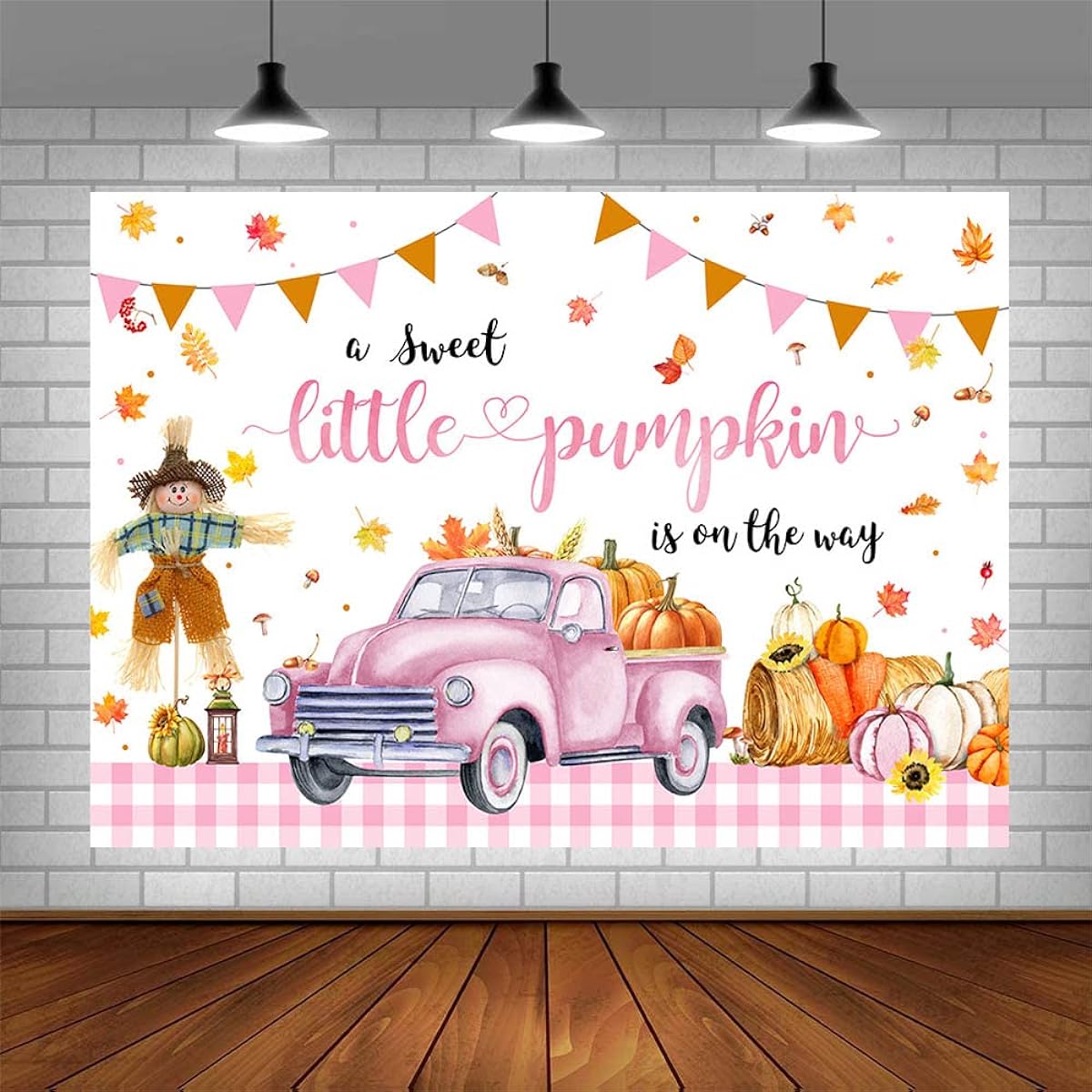 AIBIIN 7x5ft Pumpkin Baby Shower Backdrop for Girls, Fall Little Pumpkin Baby Shower Party Decorations, Pink Car Scarecrow Maple Leaf Baby Shower Banner Photo Studio Props
