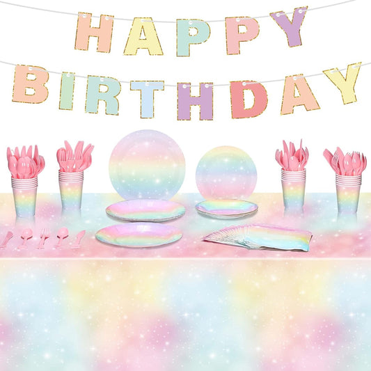 171pcs Boho Rainbow Birthday Party Supplies, Rainbow Tablecloth Cups Napkins Bohemian Plates Forks Cutlery Happy Birthday Banner Baby Shower Girls Birthday Party Decorations for 24 Guests