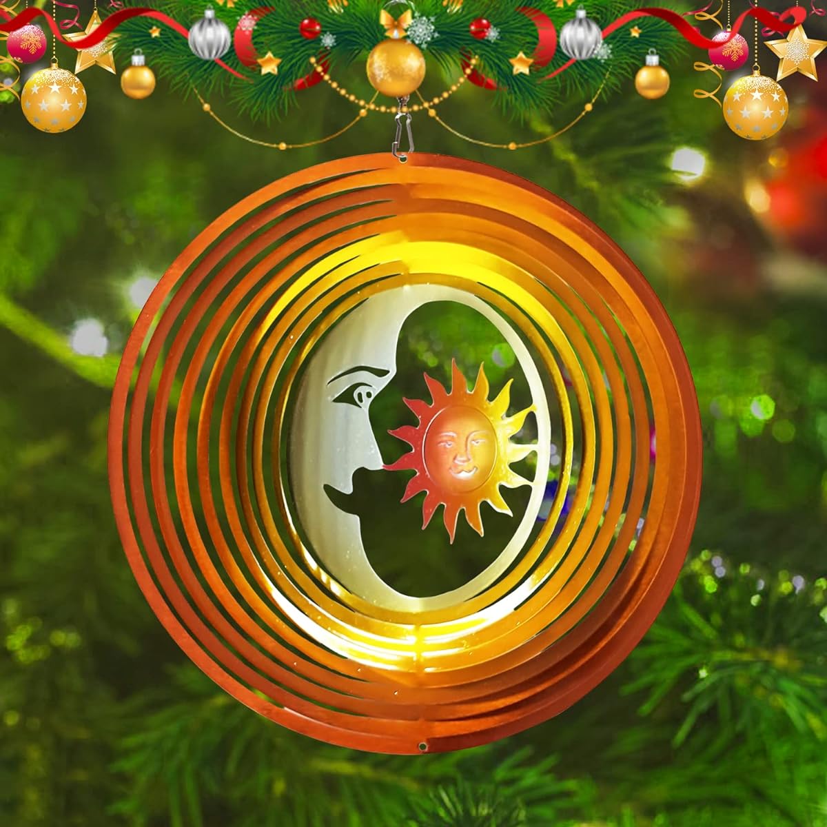 FONMY Wind Spinner 3D Stainless Steel Laser Cut Metal Art 12" Moon and Sun Hanging Wind Spinner, Kinetic Yard Art Decorations - Indoor/Outdoor Decor