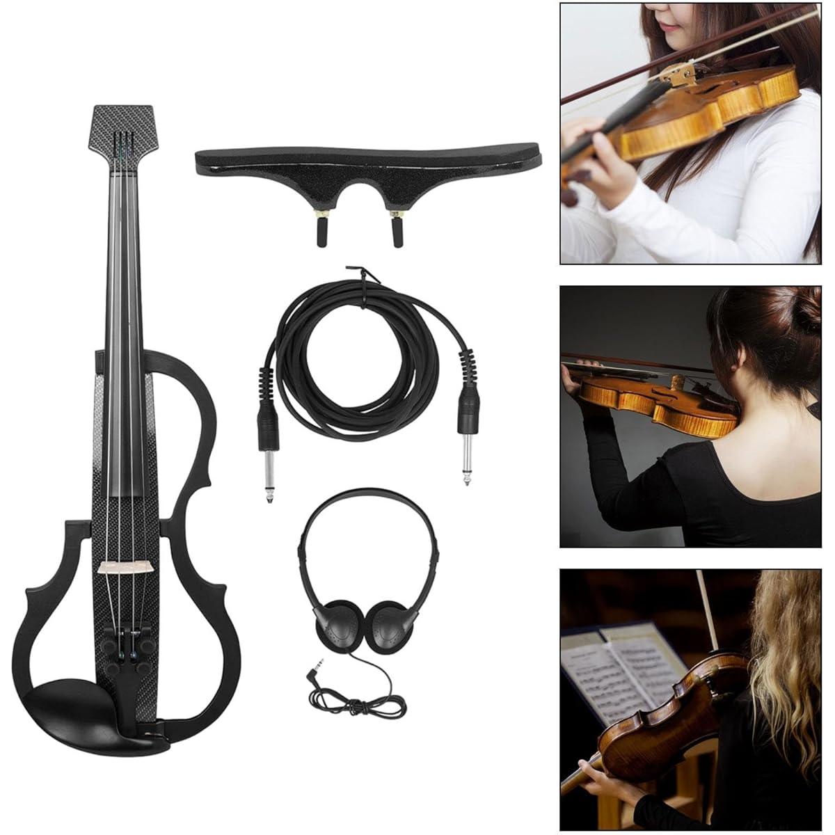 Oshhni 4/4 Electric Violin with Rest, Headphones, Carbon Fiber Panel, Advanced String Instrument for Teens and Kids, Style D