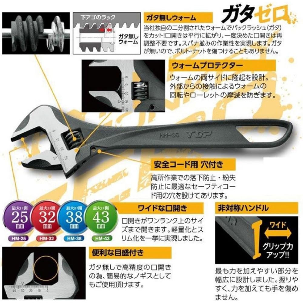 Top (TOP) Hyper Monki ZERO Wide adjustable wrench with no play Opening 0~43mm Equipped with a worm without play Monkey wrench HM-43 Tsubame Sanjo Made in Japan