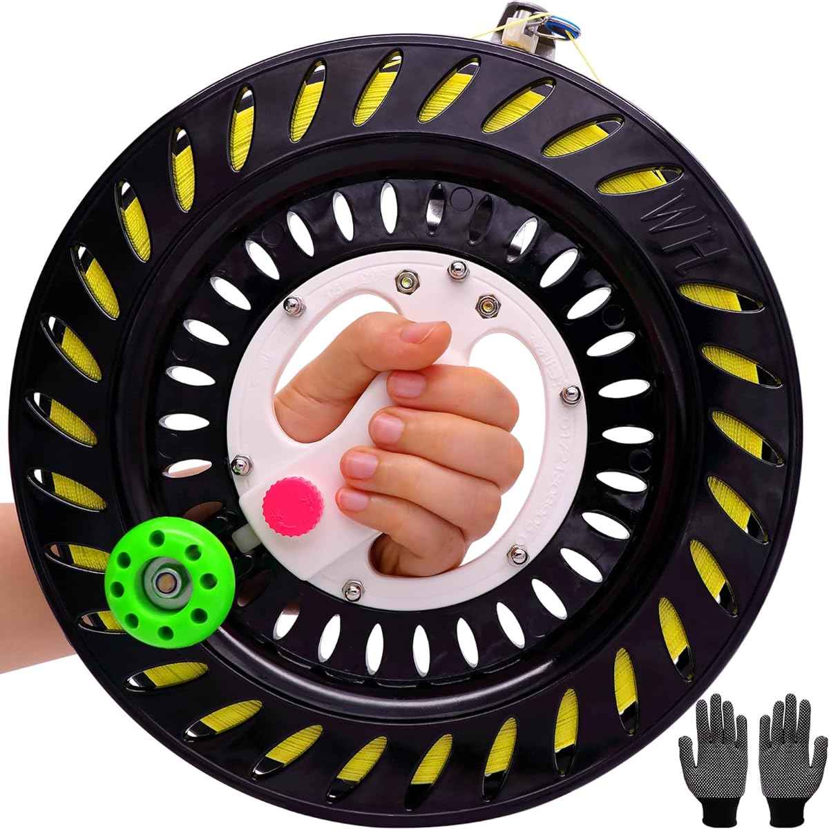 Kite Reel and Kite String with Reel, 10.3" Diameter, High Strength Kite String, Large Handle, Safety Lock Design, Connectors, Kite String Spool for Kids and Adults (Black)