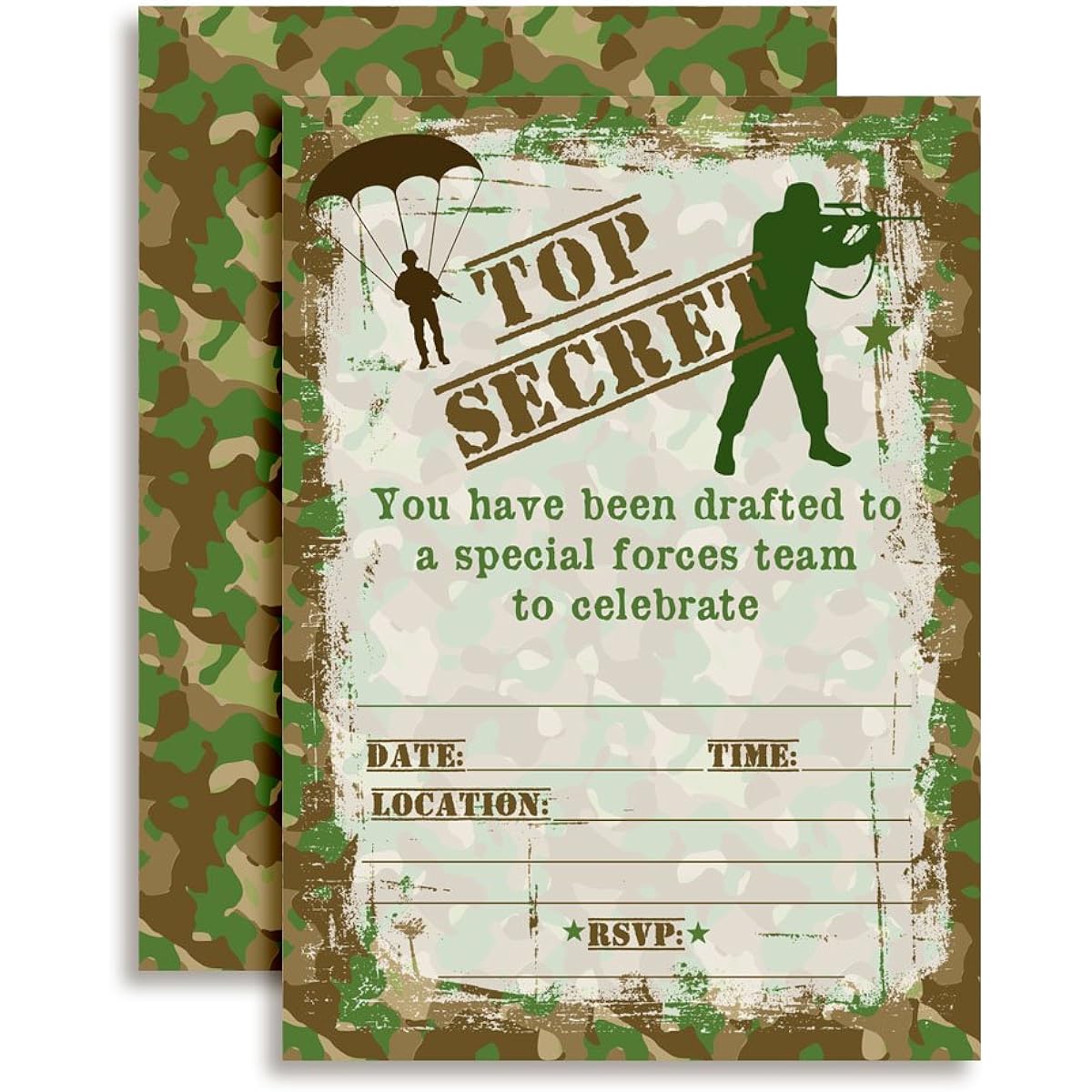 Top Secret Camouflage Army Soldier Birthday Party Invitations, 5"x7" Fill In Cards with 10 White Envelopes by AmandaCreation.