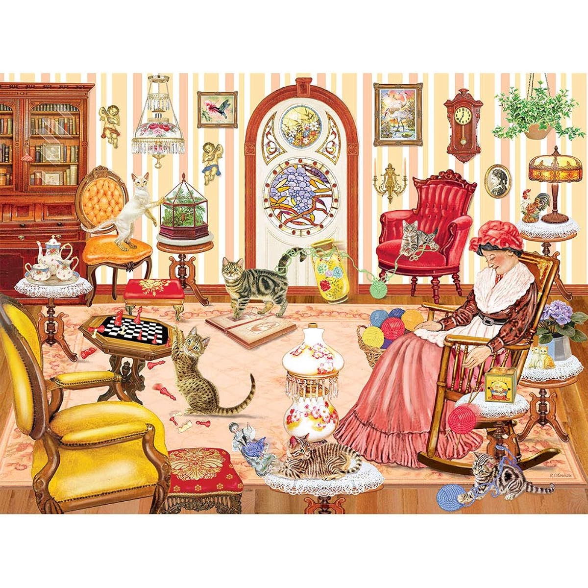 Bits and Pieces - 500 Piece Jigsaw Puzzle for Adults 18" x 24" - Grandma's Cat Nap - 500 Piece Cat Gets Into Trouble Cat Lady Cat Fun Jigsaw Artist: Rosiland Solomon
