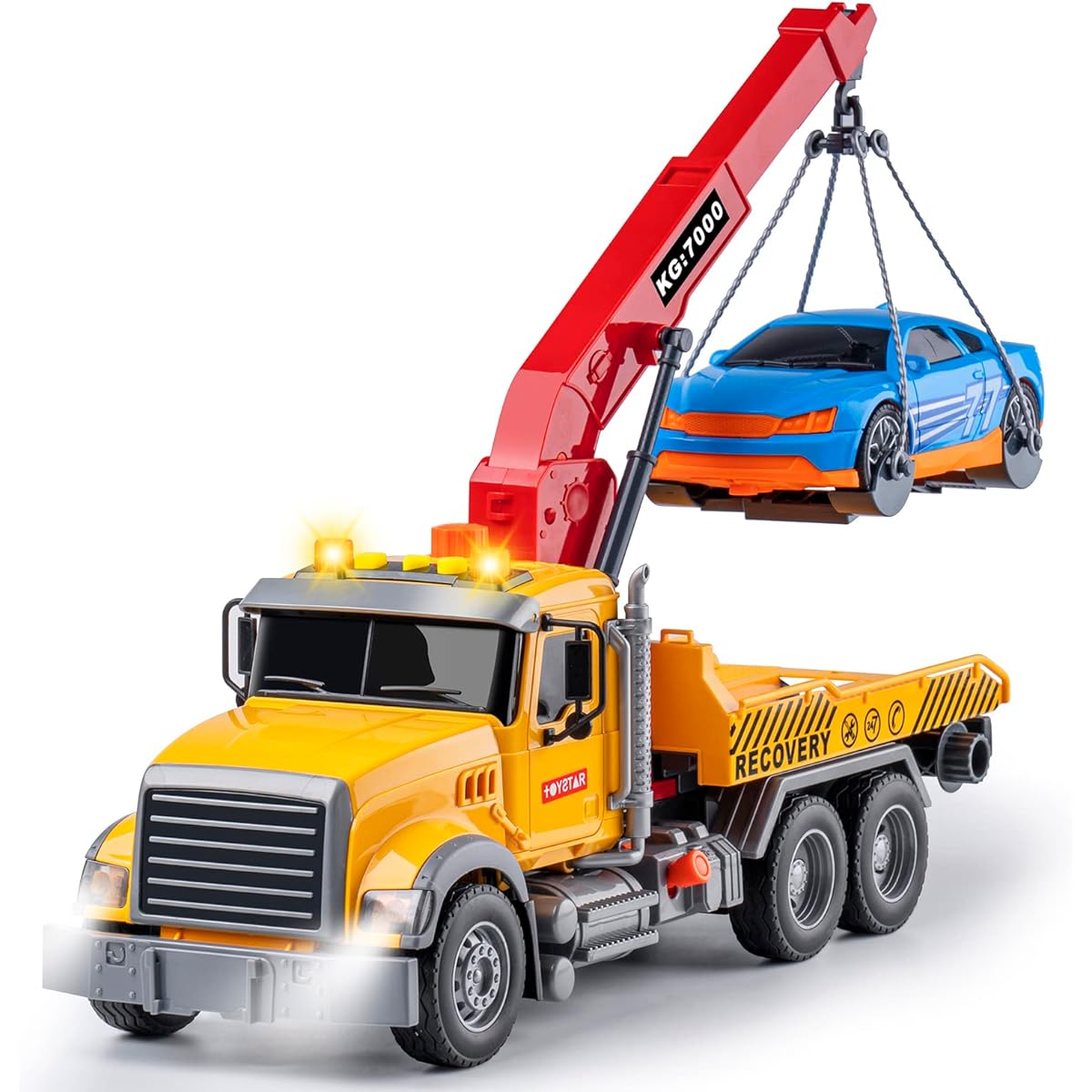 haomsj Big Tow Truck Toy Truck with Hook and Cars for Boys Pull Back Truck with Lights and Sounds for Kids (1:18 Plastic Tow Truck)